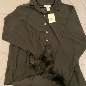 Black Button-Up Shirt with Faux Fur Cuffs